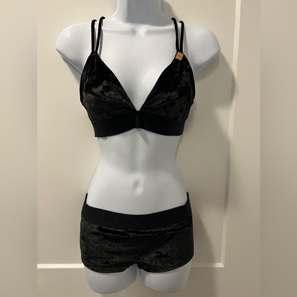 NWT Victorias Secret PINK Black Velour Bralette and Boyshort sz SM